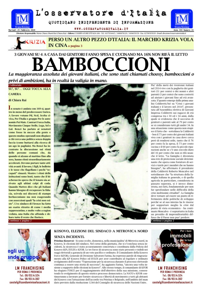 L'osservatore d'Italia edizione del 25 Febbraio 2014